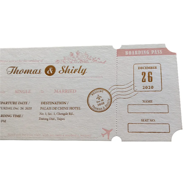 Customization High Quality Paper Sheet Pink Invitation Card Boarding Pass for Wedding Decoration Letter Decal Design Logo Print