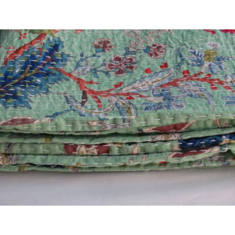 Индийское Хлопковое одеяло Kantha ручной работы светло-зеленого цвета с цветочным принтом красивое цветочное покрывало оптовая продажа