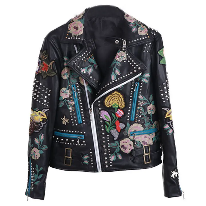 Новинка женская кожаная куртка с шипами черные куртки в стиле рок Байкерская голливудском