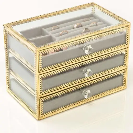 Jewelry Box Decorative Glass Metal Lace Jewelry Organizer Storage Boxes with 3 Drawers Jewelry Display Tray for Earrings Rings