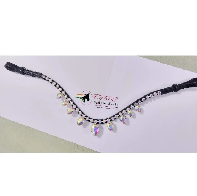 HIGH QUALITY HORSE BROW BAND WITH AB HANGING CRYSTALS LUXURY EQUESTRIAN WITH BACK OPEN STICKY TAPE AT LOOP.