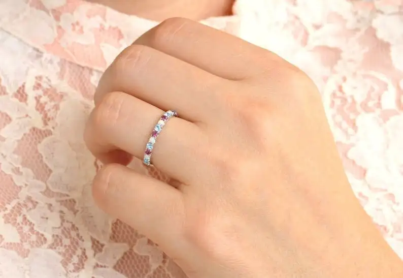 Обручальное кольцо с натуральным опалом гранатом голубым топазом обручальное подходящая повязка для нее серебро 925 пробы ювелирные изделия ручной работы