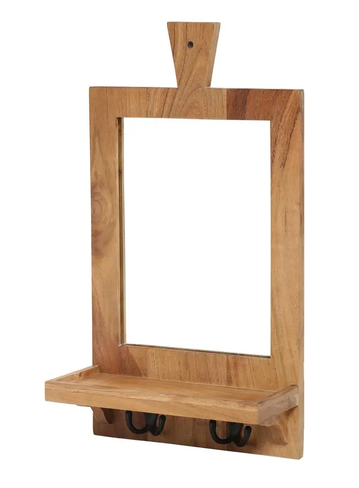 Wall Mount Mirror with Wood Shelf and Hooks for Towel Hangng Handcrafted Wooden Mirror Wall Mount Bathroom Wooden Mirror Shelf