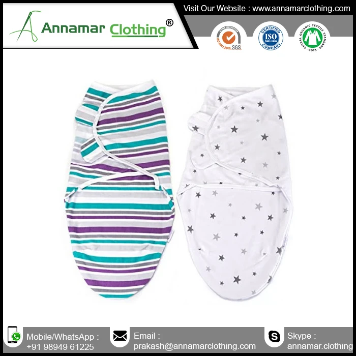 High quality organic cotton 220 GSM baby adjustable swaddle wrap made in India with custom logo an label