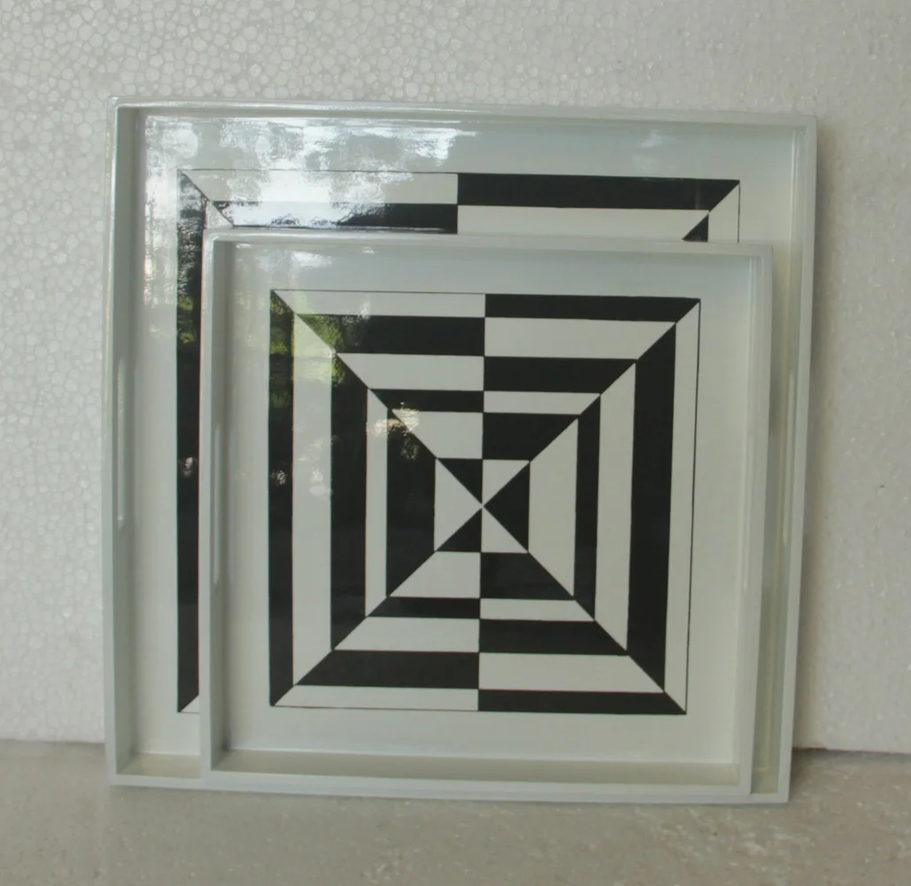 Europe Handicraft Nautical Set of 2 Square Lacquer Trays with Handles in White & Silver Finishing
