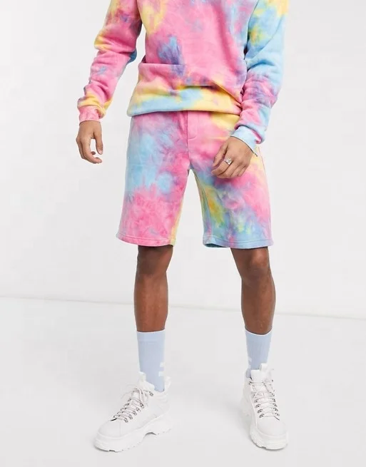 KY Side pockets Stretch waist sweatshirt and shorts co-ord shorts in candytie dye men short sets