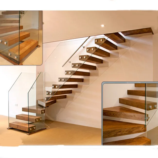 Glass Railing Wood Stair with Floor Mounted Glass Railing