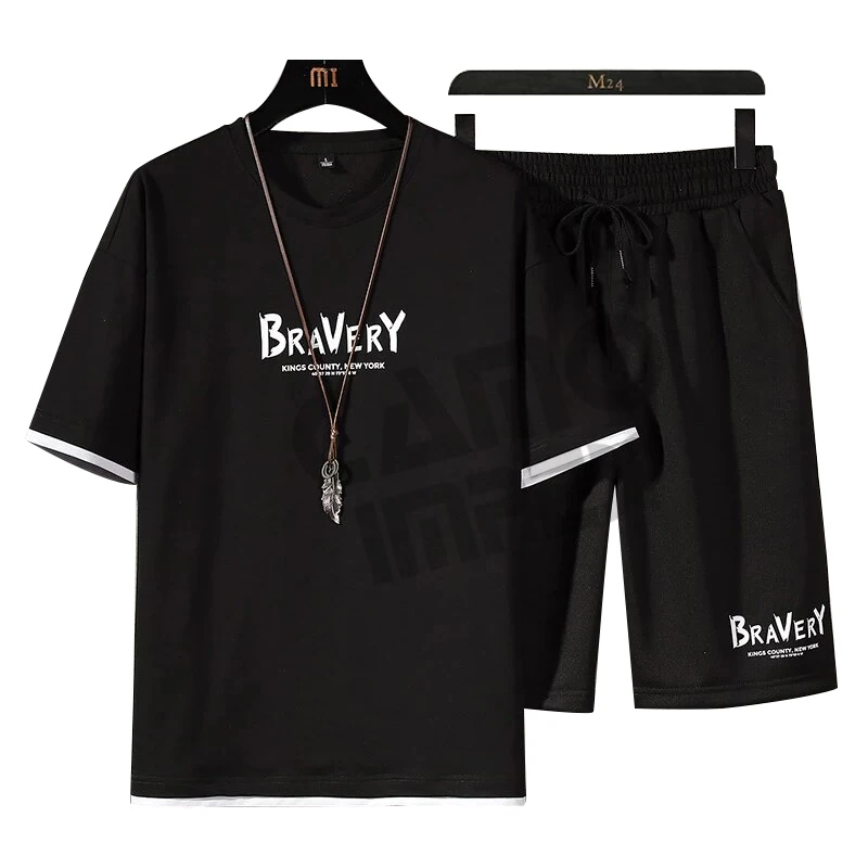 Fashion Mens Sets Short Sleeve T-shirt + Shorts 2 Pieces Suit Male Summer Sportswear Casual Sweatsuit Track Shorts Men Clothing