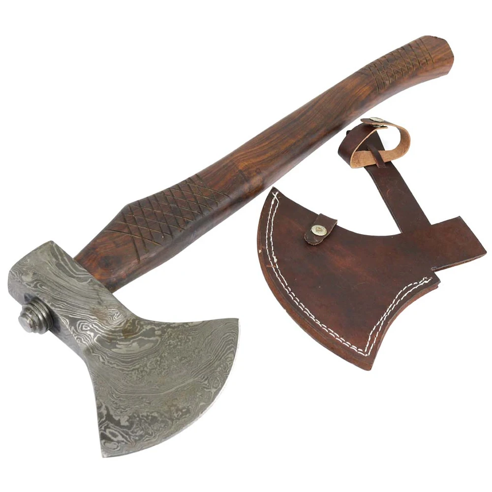 Custom Hand Made Damascus Steel Hunting Axes with pure Leather Sheath