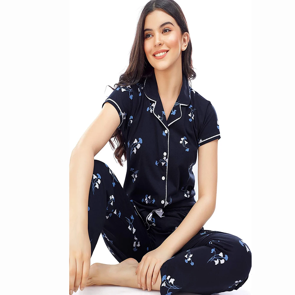 
Adult Girls Sublimation Printed Sleep Wear Night Suits In Blue Color Peter Pan Collar For Sale 