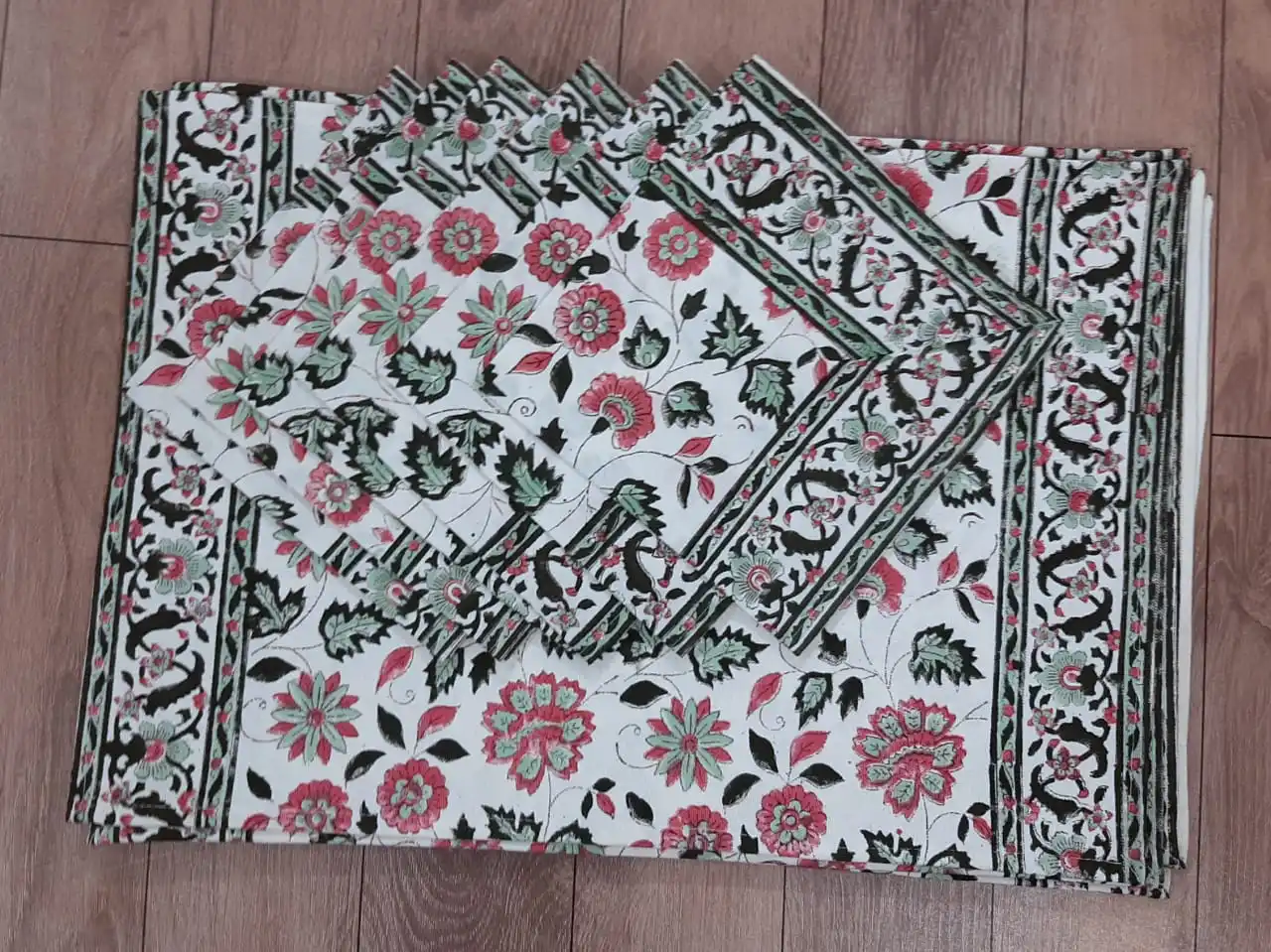 Premium Quality  Indian Cotton Hand Block Print Floral Table Mats & Napkin Set of 6 Napkins & 6 Mats