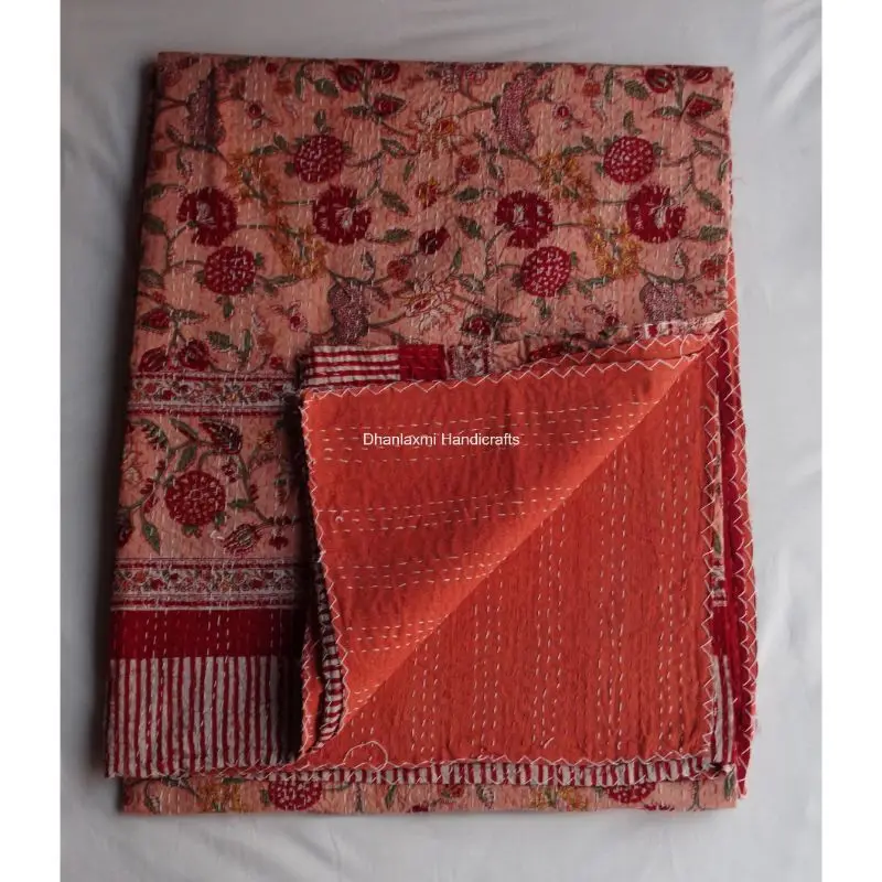 Индийское Персиковое цветочное покрывало ручной работы красивое домашнее декоративное оптом хлопковое Kantha с принтом