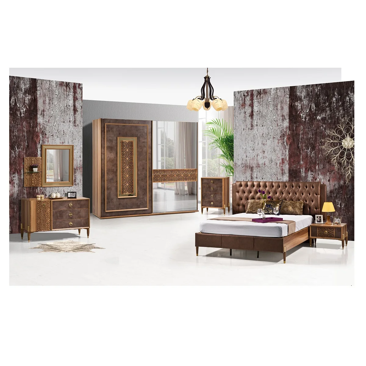 Made in Turkey Brown Gold Bed set Luxury Classic Furniture OEM Wholesale Factory Made Bedroom MADE IN TURKEY OEM FACTORY MADE