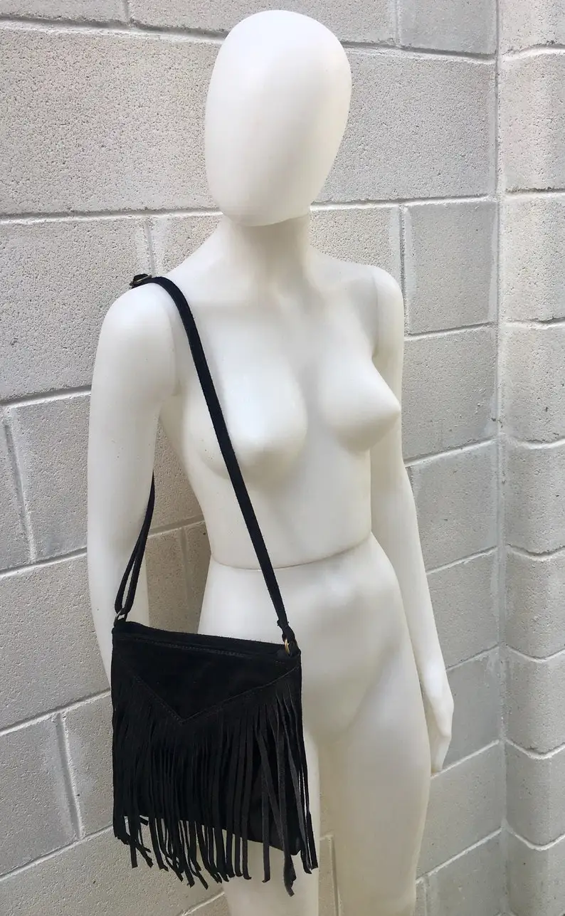 Cross body bag for Women Boho suede leather Bag in Black with Fringe for Wholesale. Messenger Bag in Soft Genuine Suede Leather