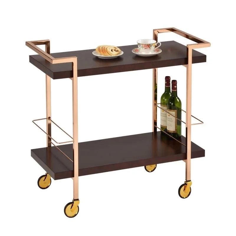 Living Room Corner Side Iron & Glass Rose Gold Metal Beautiful Modern Metal Rolling Hand Wheeled Design Glass Bar Cart