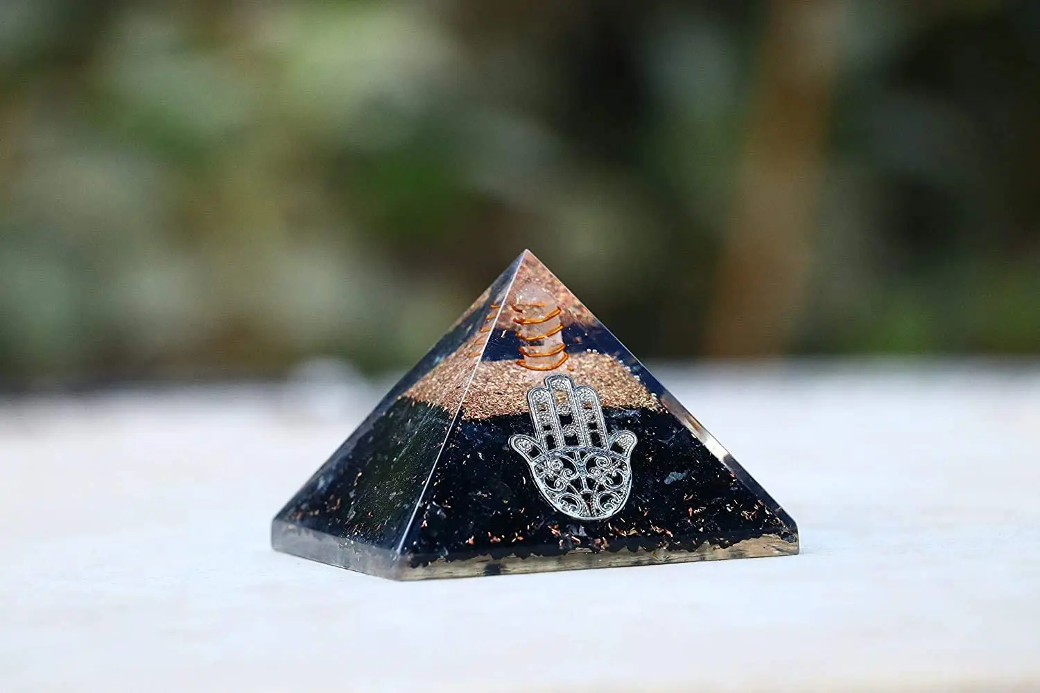 Black Tourmaline Orgone Pyramid with Hastha Symbol Feng Shui Prosperity Stones Healing Crystals Chakra Balancing Aura Cleansing