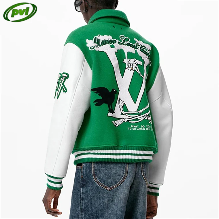OEM custom chain chenille patch embroidery leather sleeve vintage baseball letterman varsity jacket for men