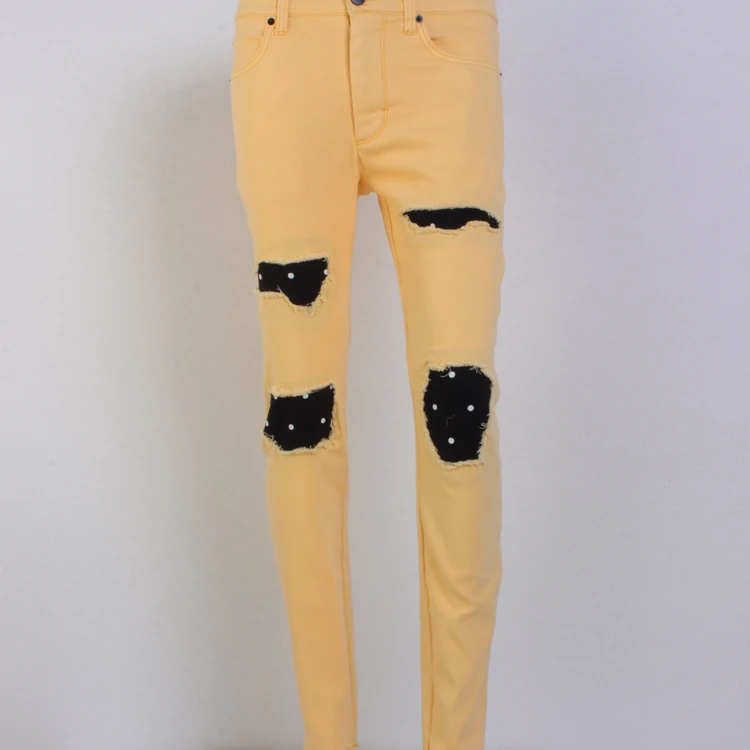 Wholesale Price Custom Fashion Yellow Damaged hole jeans Pants Men Ripped Denim Jeans