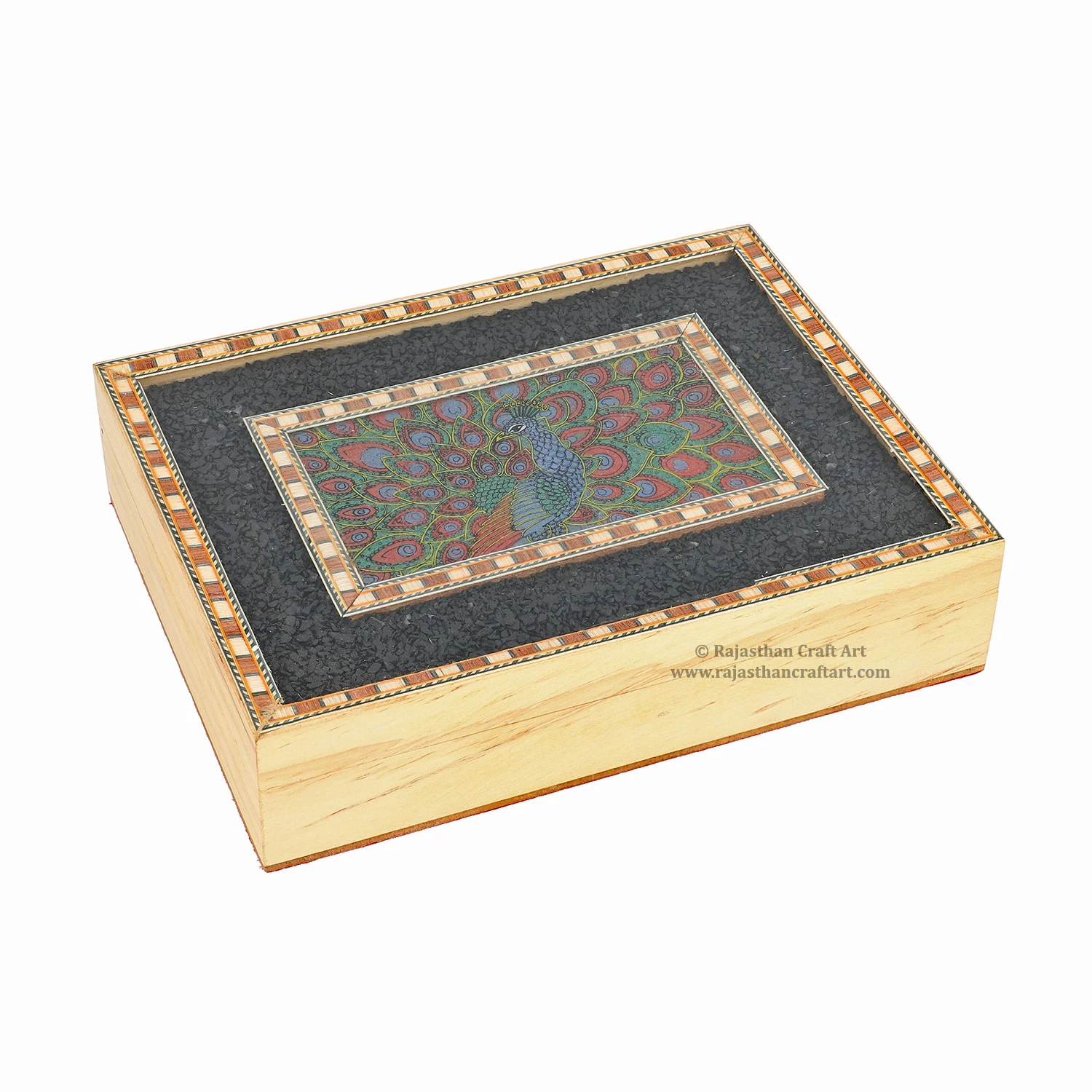 
Handcrafted Wooden Peacock Pattern Jewelry Box With Shungite On Top Flap and Velvet Interior 