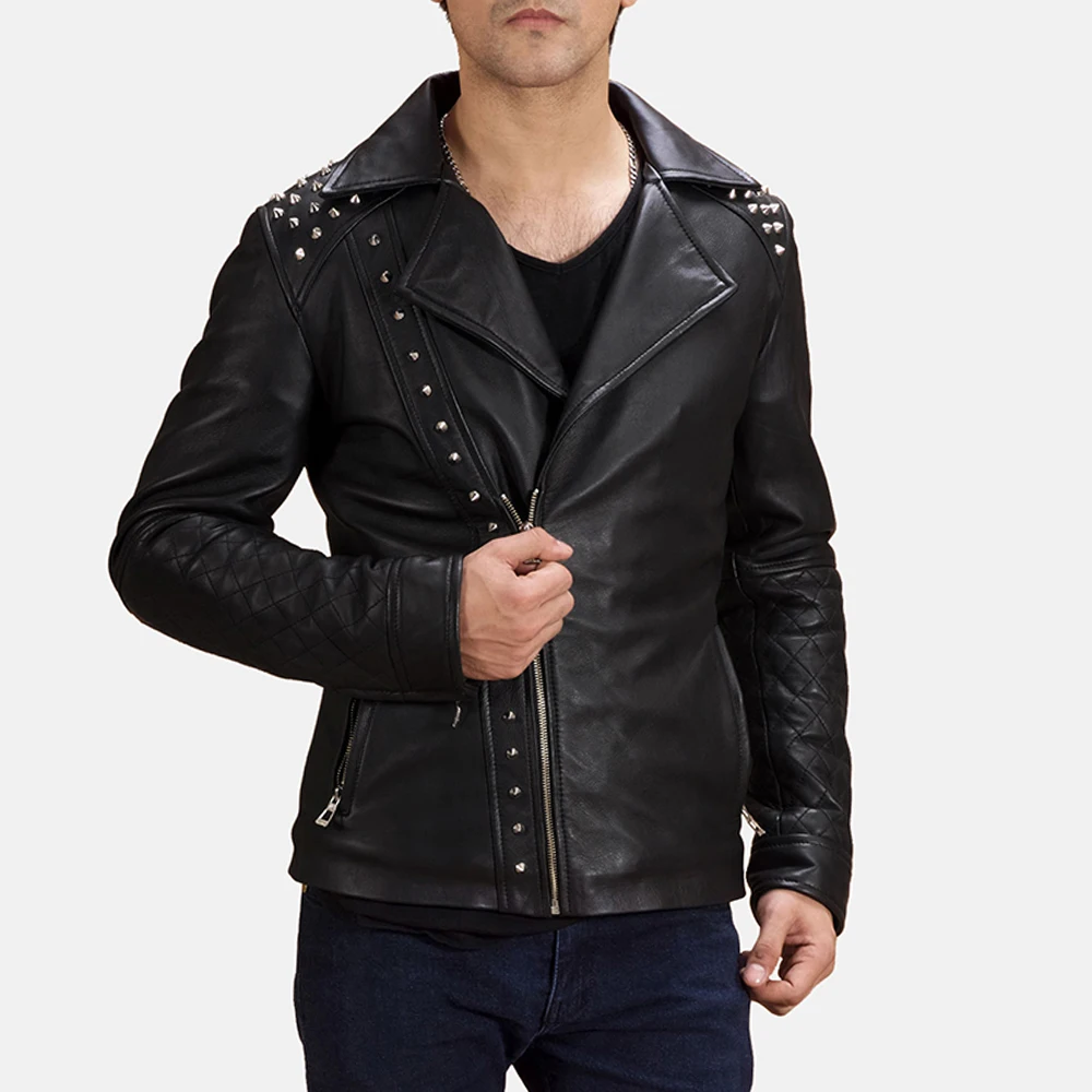 New Fashion Design With  Studded Men Real Black Leather Jacket