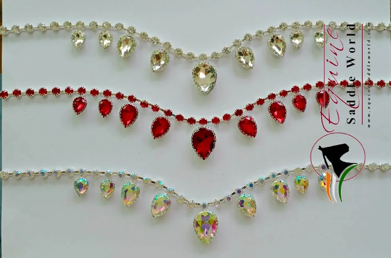 
EXPORT QUALITY HORSE BROW BAND WITH RED HANGING CRYSTALS LUXURY EQUESTRIAN WITH BACK OPEN STICKY TAPE AT LOOP. 