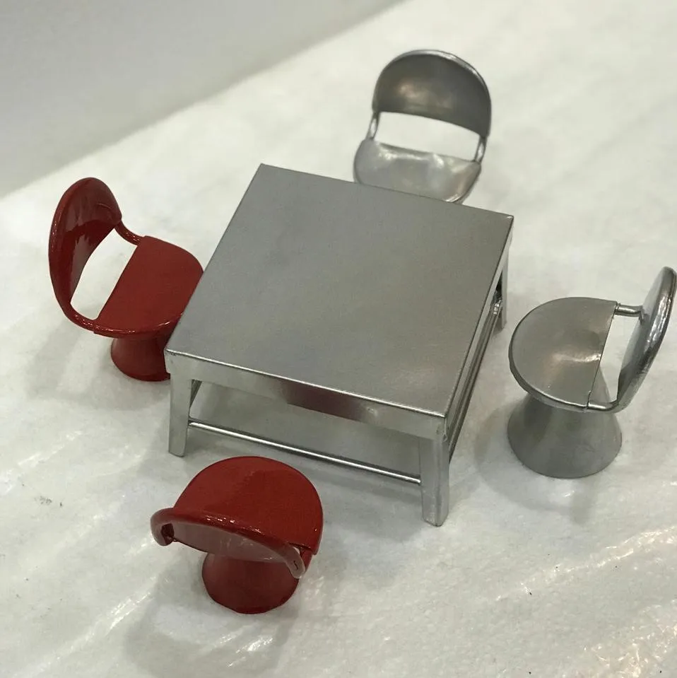 Doll House Furniture Use Metal Dining Set of Kids Play High Quality Silver Table and Red Chairs Miniature