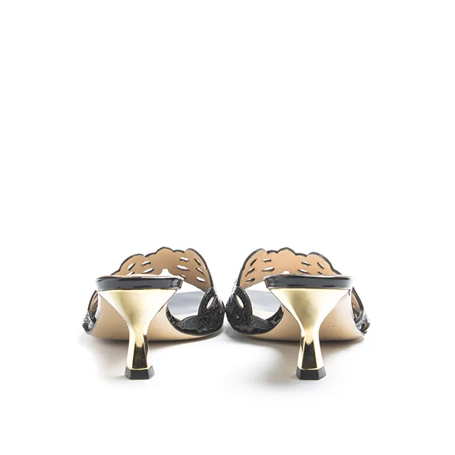 Handmade in Italy kitten heels laser engraved patent leather woman sandals