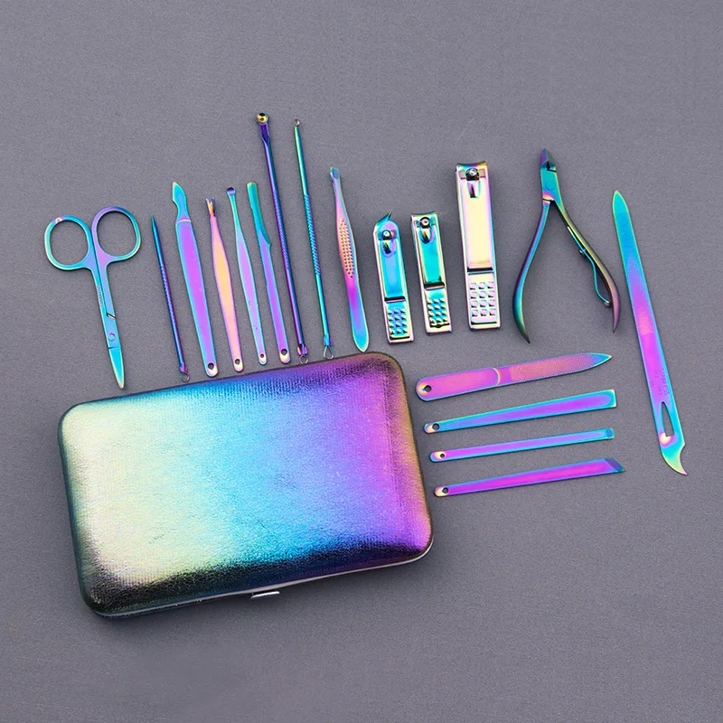 18pcs gradient manicure pedicure kit nail and foot care accessories kit in gradient PU case