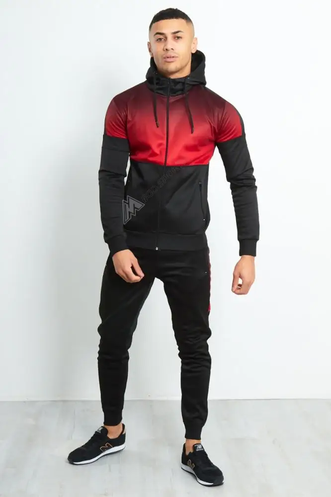 Hot Sale Men Tracksuit Custom Made Mens Jogging Suit/men black two tone hooded skinny fit tracksuits