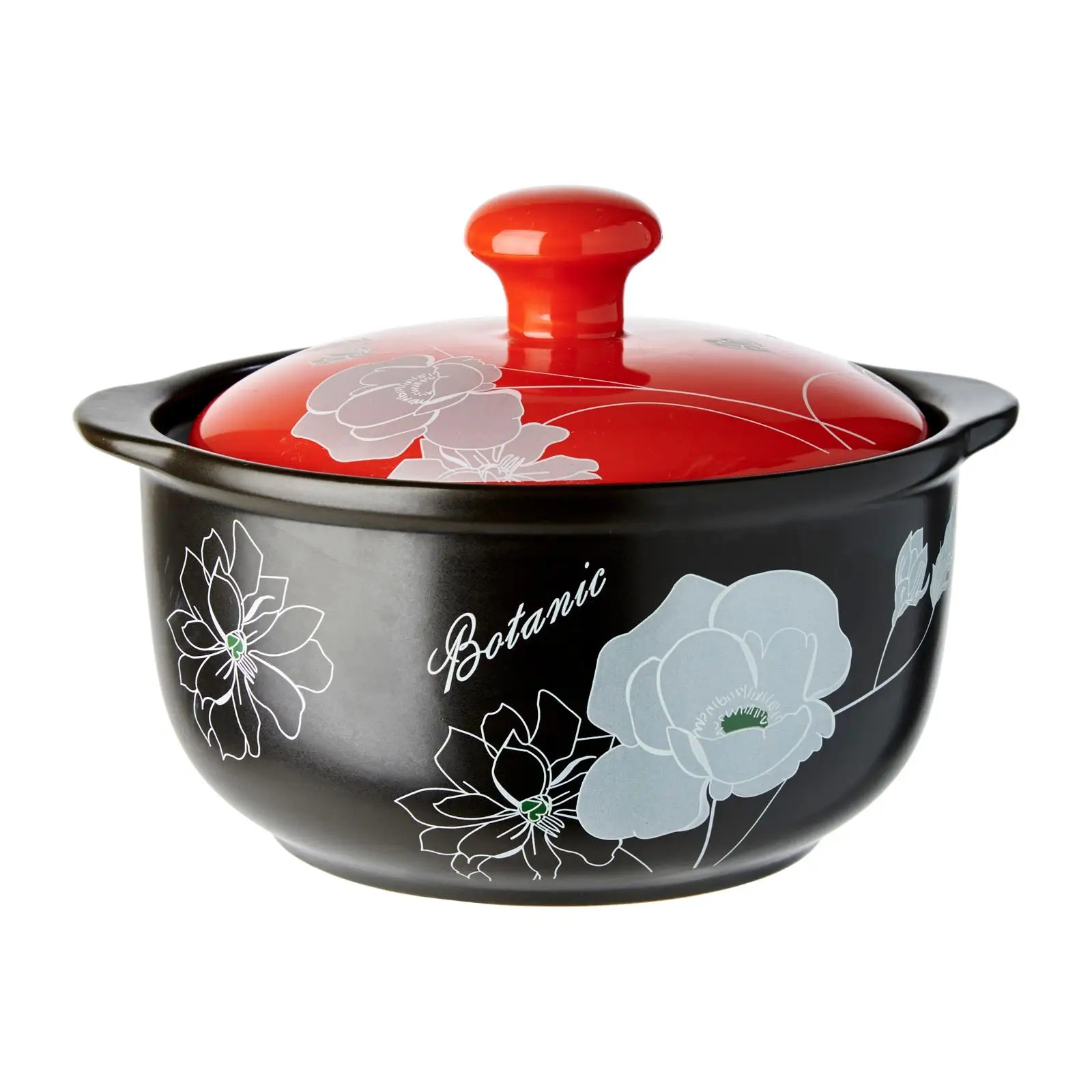 Nordic Style Top Quality 1.2L Red/Black Color Cera Vita Silver Peony Ceramic Casserole with Pot Cover Size D17xH8.5cm