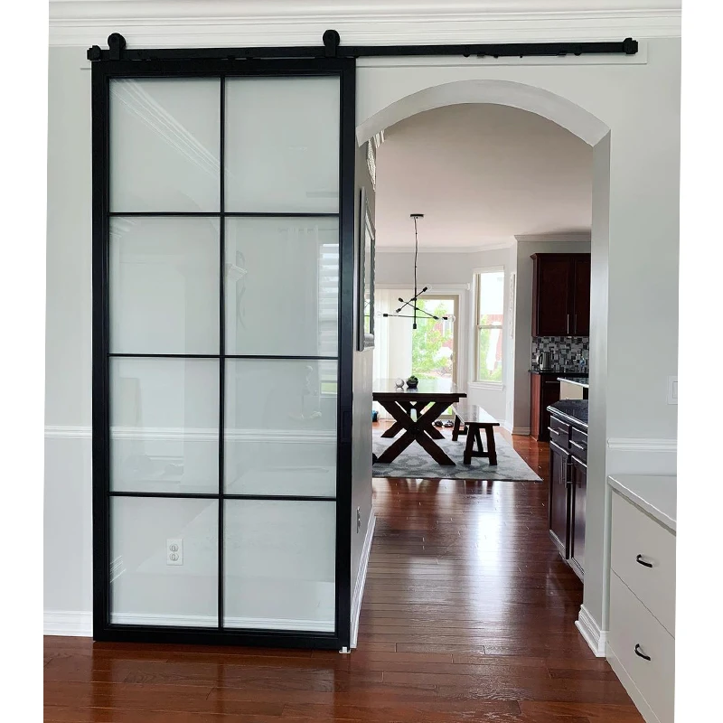 Alucasa Frosted Glass Interior Door Frameless,  Black French Aluminum Sliding Barn Door With Hardware