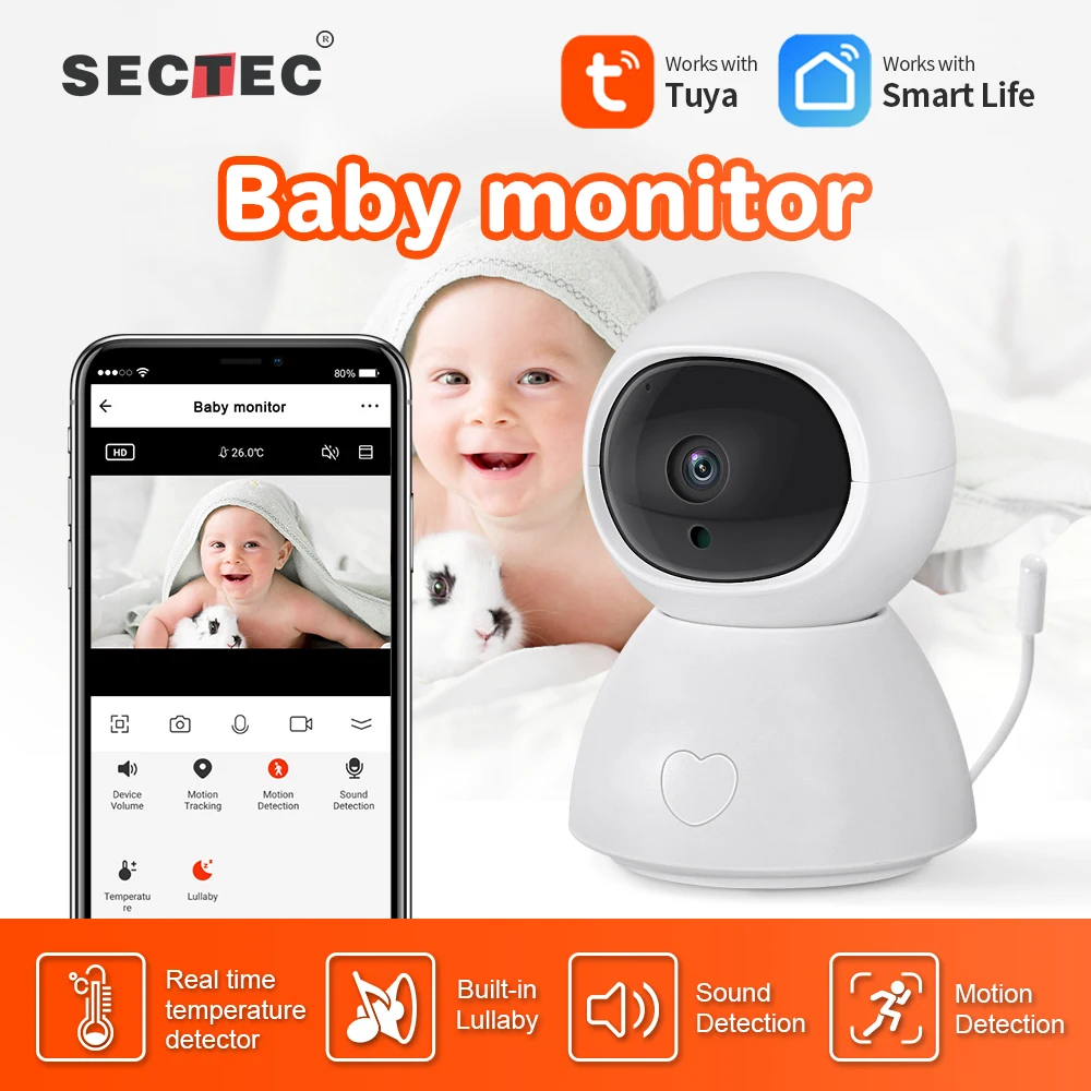 Sectec HD 1080P Smart Home Security Wireless Wifi CCTV Temperature Monitoring Lullabies TUYA Baby Monitor Camera