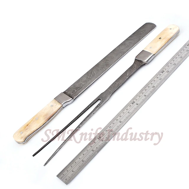 02-Piece Custom Hand Forged Damascus Chef BBQ Knives Fork Set High Quality Steel Kitchen Knife Sharp Features Boning Material