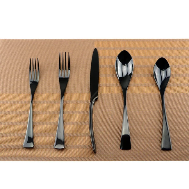 Black Cutlery Set of 5 Pcs Table Spoon, Tea Spoon, Fork, Fruit Fork & Spreader Mirror Gold- BY KSN