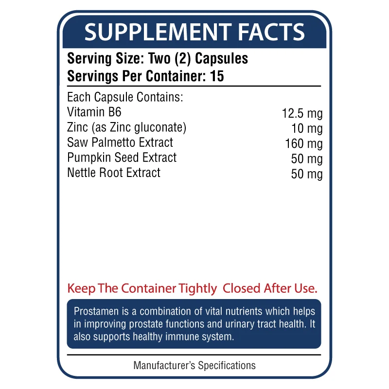 
PROSTAMEN Natural Prostate Supplement Men Health Saw Palmetto herbal extracts Zinc Vitamin B6 reproductive health urinary flow 