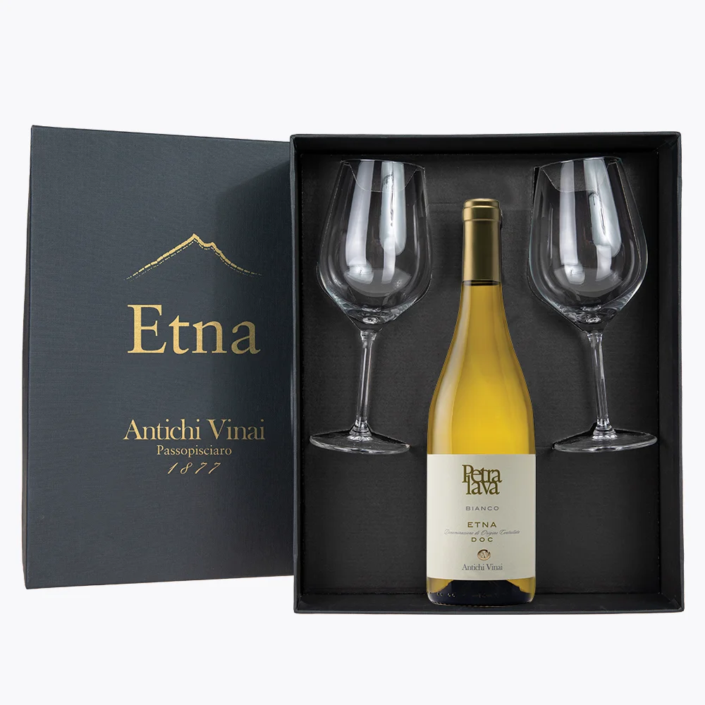 (On demand) ETNA Wine Tasting PRESTIGE GIFT BOX - 2 wine glasses and Etna DOC White wine Carricante Catarratto 75 cl