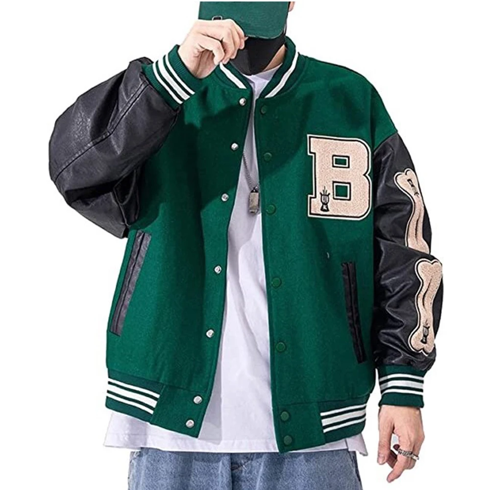 Varsity Jacket Bomber Coats Cotton Fur Jackets Streetwear with Pocket Custom logo leather sleeve baseball  Jacket