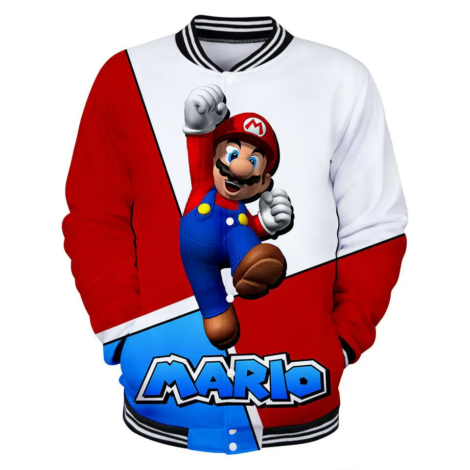 Super Mario 3D Full Print Baseball Uniform Jacket Unisex Coat Jumper Sublimation Baseball Varsity Jacket