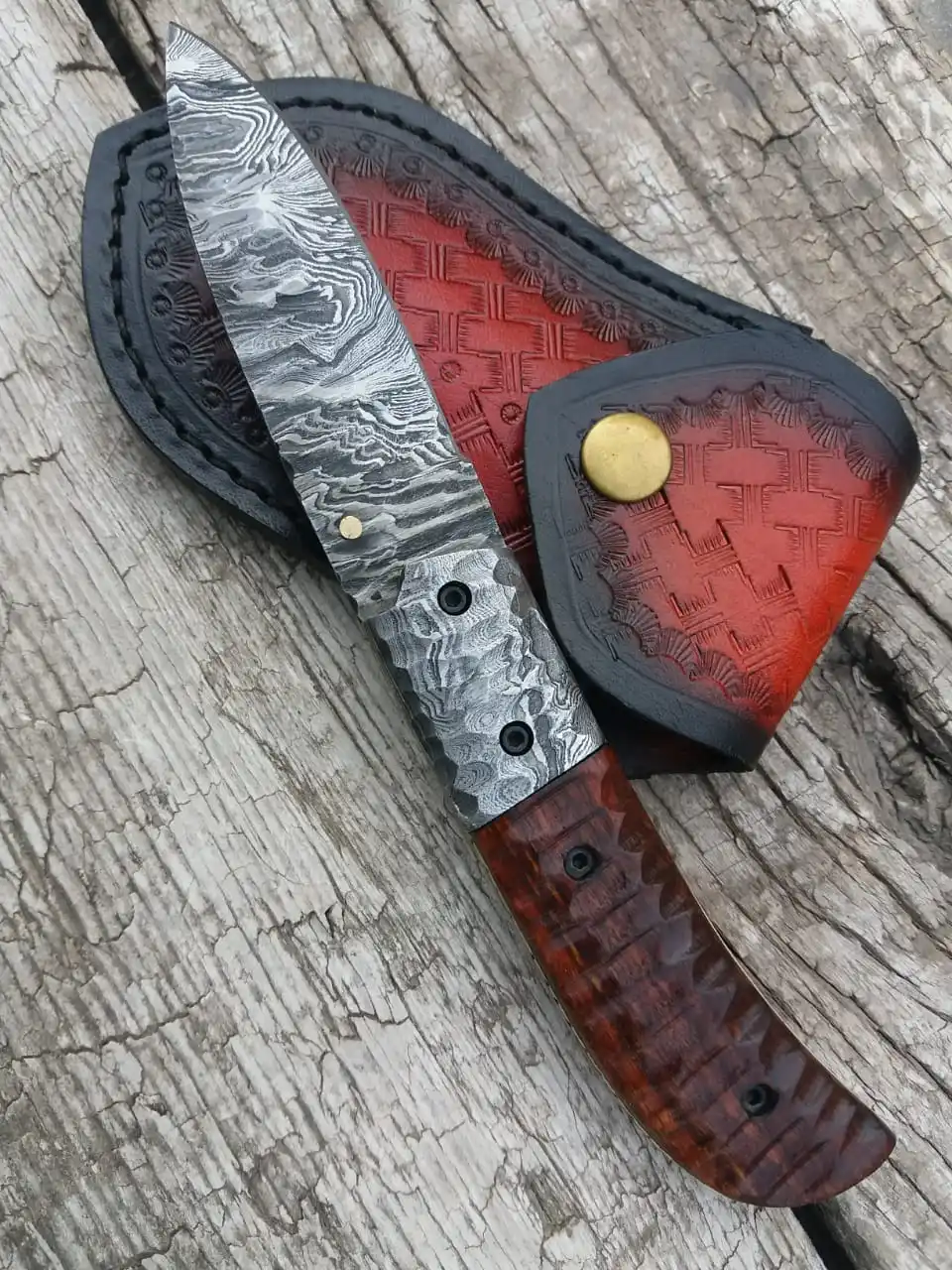 
Hunting Outdoor Survival Pocket Knife Tactical Every Day Carry Damascus Steel Folding Blade And Leather Sheath 