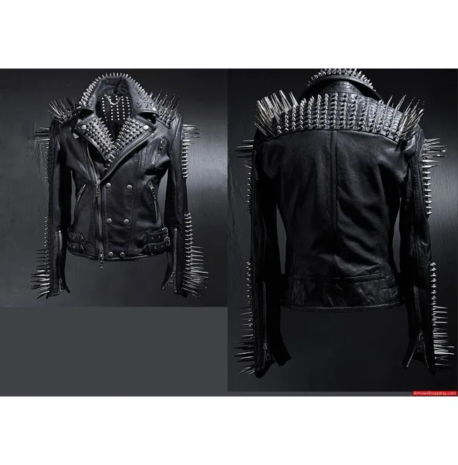 
Men Black Multi Studded With Long Spike Rocker Punk Style Biker Jacket 