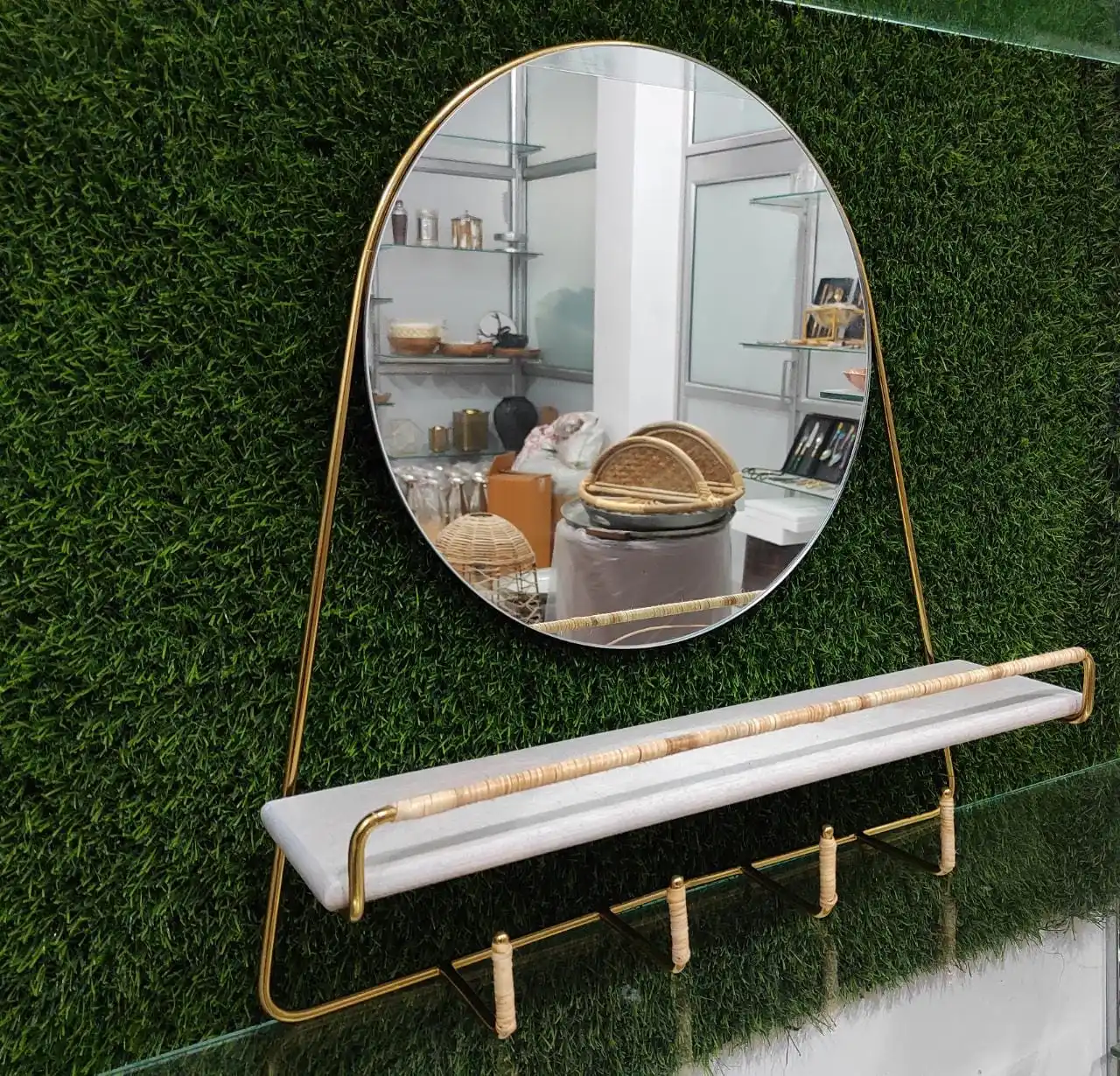 WALL MIRROR WITH SHELF AND HOOKS WITH WICKER WRAPPED