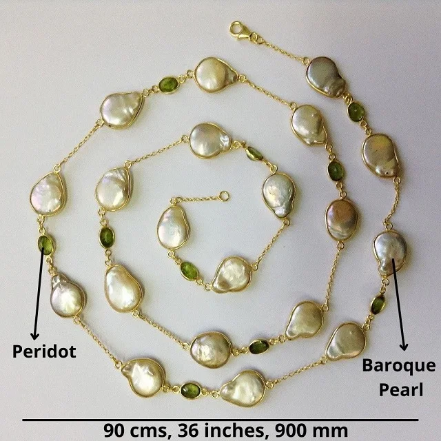 Everyday Wear 925 Sterling Silver Gold Plated Peridot and Baroque Pearl  90 cms.  Long Chain Necklace