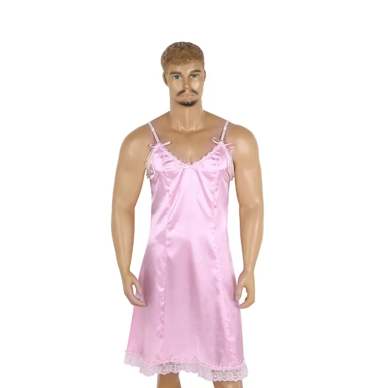 
Mens Lingerie Ruffled Lace Smooth Satin Adjustable Shoulder Straps Sissy Sleepwear Underwear Dress 