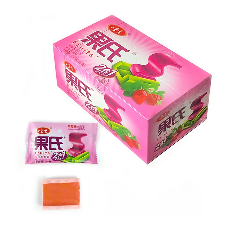 Fruity 2 in 1 Bubble Gum Sweet Chewing Gums Jelly Candy Strawberry Flavored Gummy Confectionery