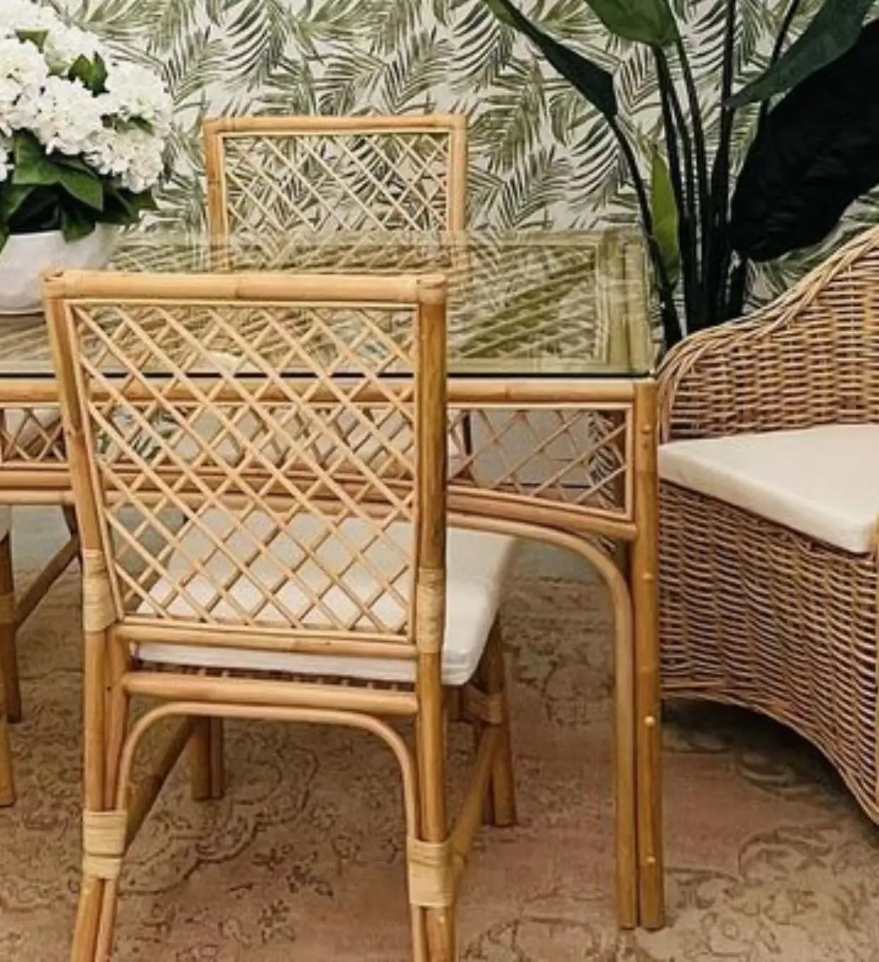 Center Liftup Extension Hand Woven Mid Century Antique Adjustable Rattan Glass Folded KINGSTON Dining Table