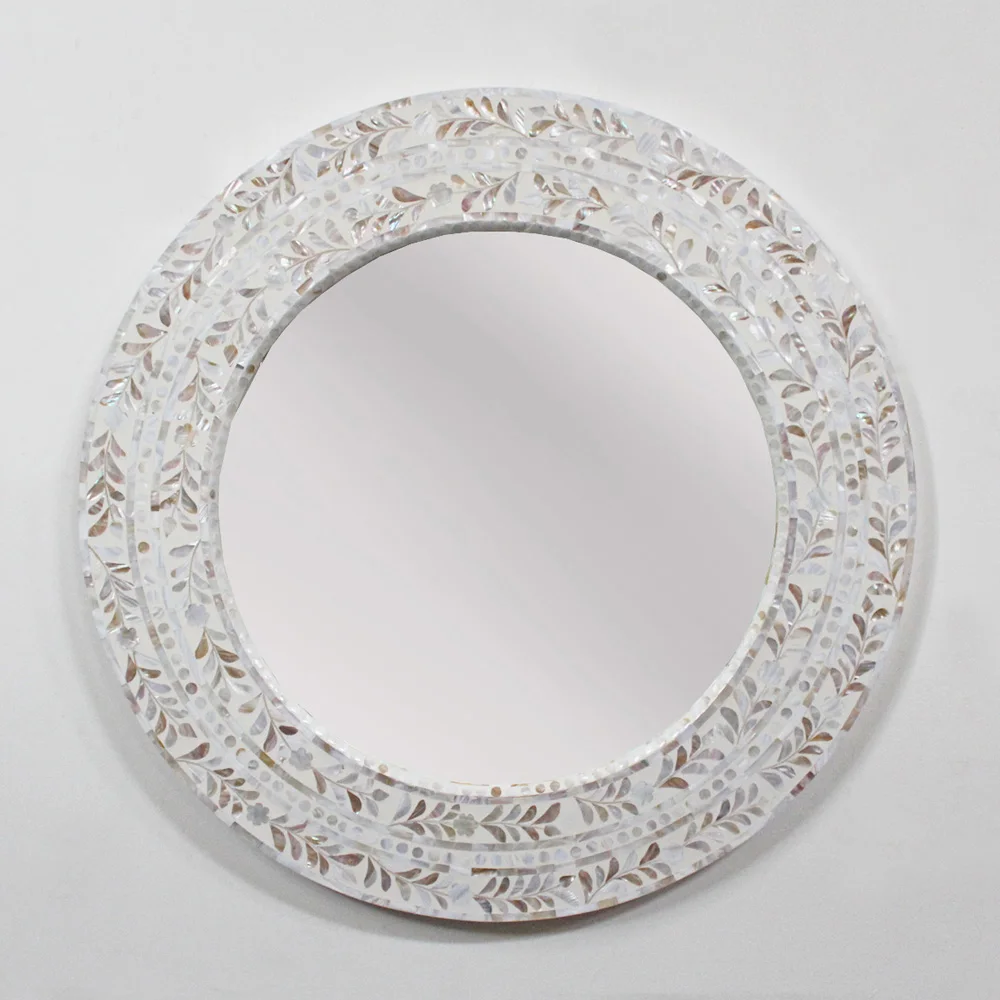 Luxury mother of pearl mirrors round mirror frame with white ground wall mirror decoration made in Vietnam