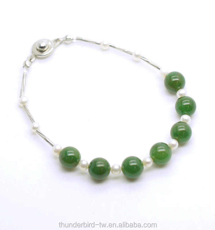 wholesale alloy jewelry Handmade Natural Stones green jade and fresh water pearl Bracelets