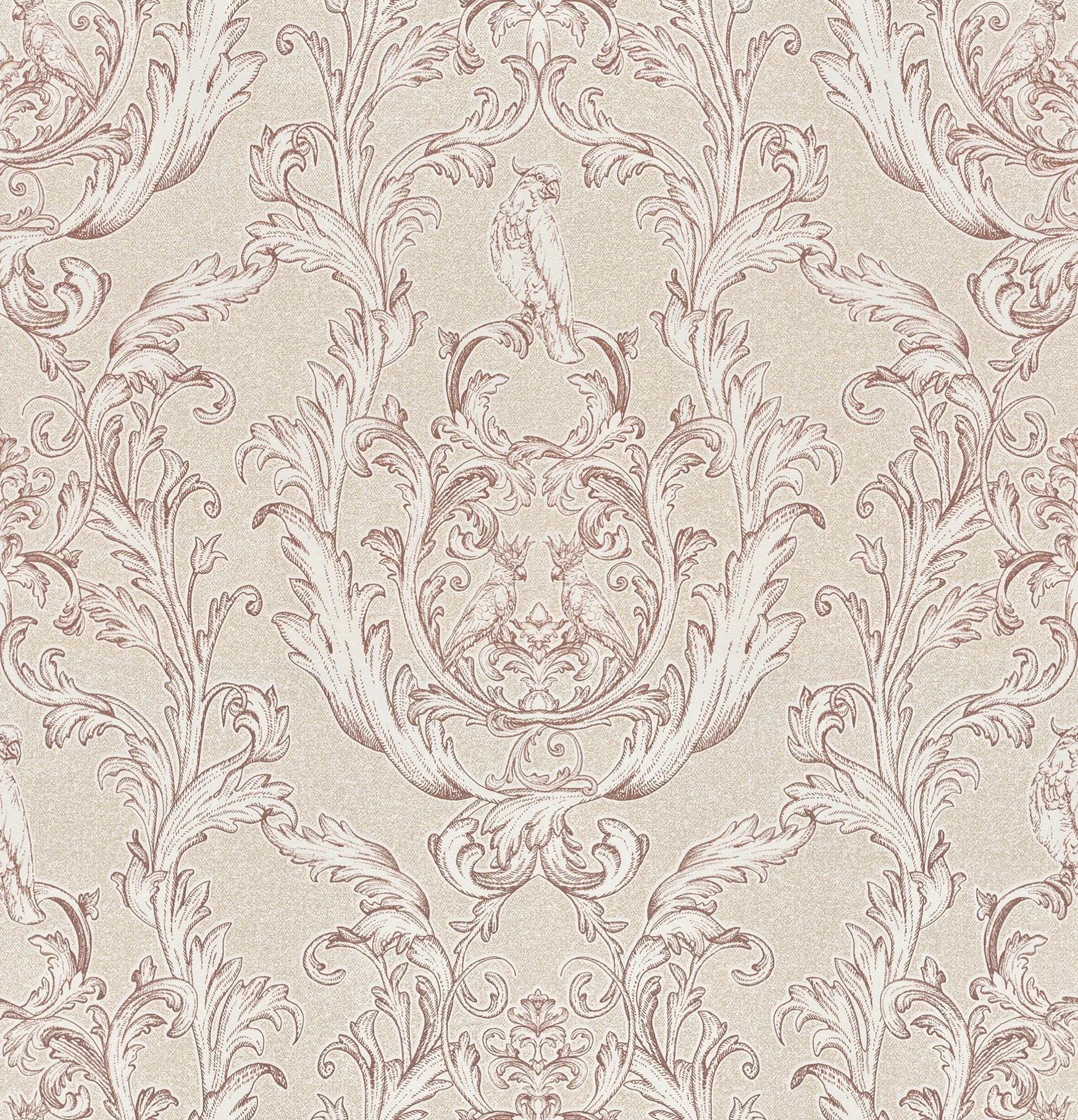 A chic wallpaper designed with a parrot nestled in a damask pattern.