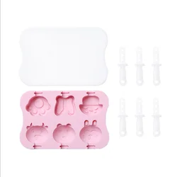 Amazing 6 Cavities Homemade DIY Reusable Silicone Cartoon Shaped Ice Cream Pop Maker Mold with Lids and Wooden Sticks