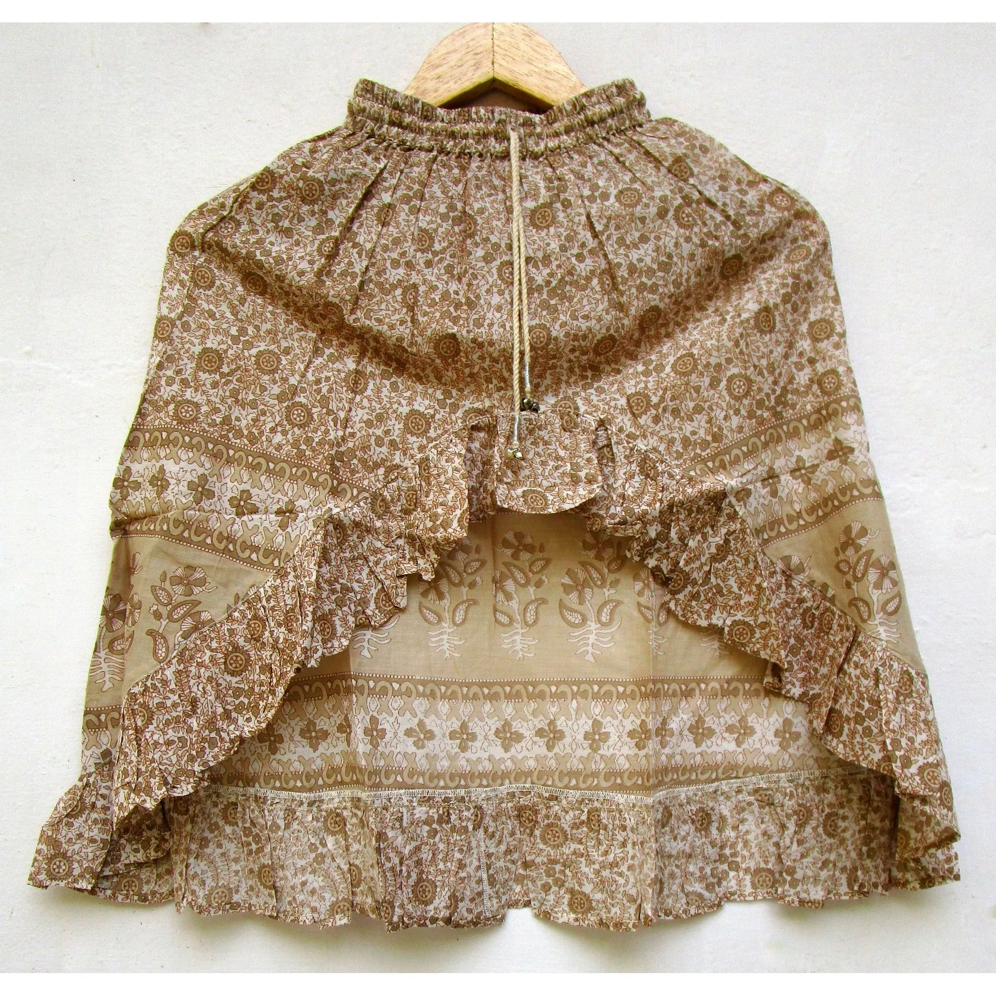 beige flower printed cotton girls hi low style hippie skirts